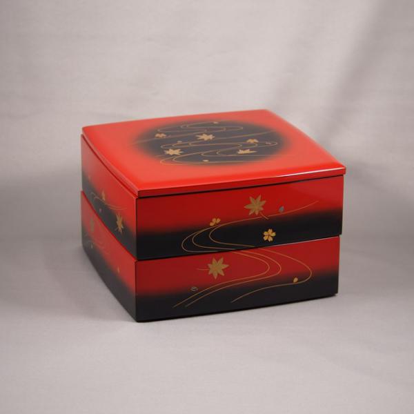 Shioyasu Shikki: Wajima Lacquerware Two-Tiered Jubako Bokashi (Gradation) Lacquer with “Flowing Water and the Four Seasons” Maki-e Design
