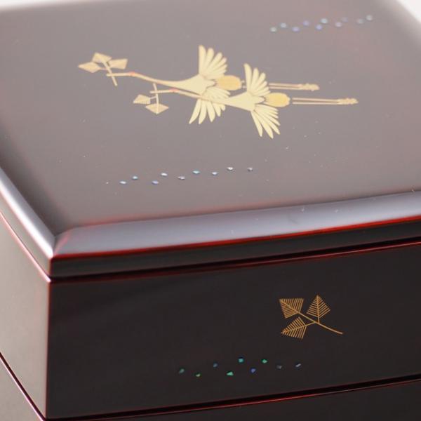 Shioyasu Shikki: Wajima Lacquerware Two-Tiered Jubako Tame-Roiro Finish with “Matsukui-zuru” (Crane with Pine Twig) Maki-e Design