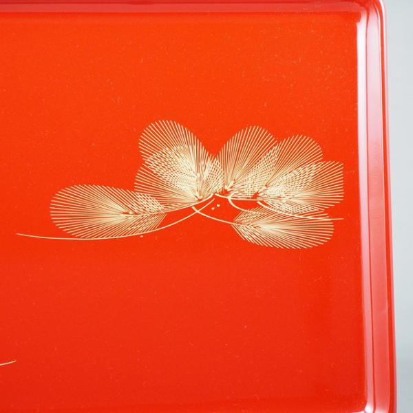 Shioyasu Shikki: Wajima Lacquerware Rectangular Tray, Vermilion Roiro with “Wind-Swayed Pine” Chinkin Design
