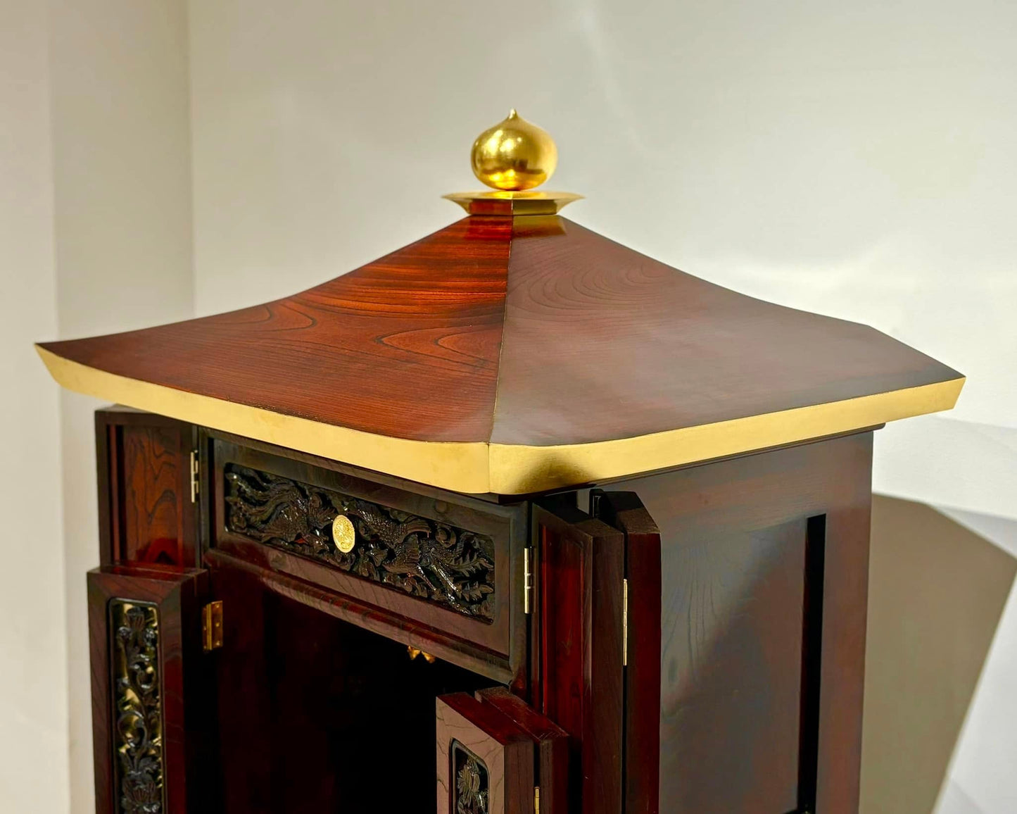 Sato Mokko: Solid Keyaki Zelkova Buddhist Shrine Cabinet with Phoenix Carvings