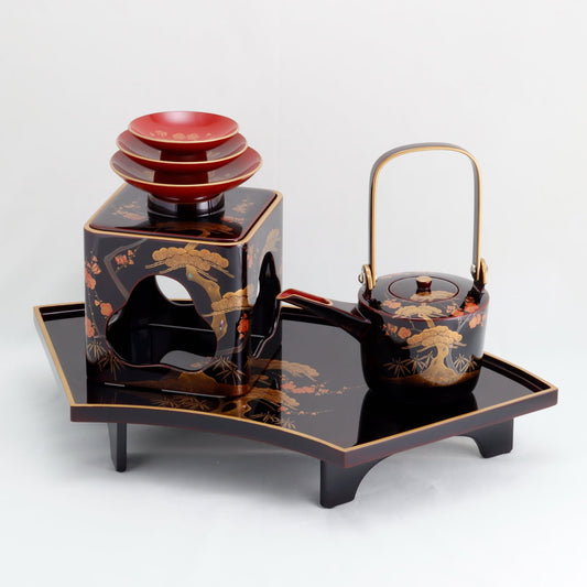 Kato Lacquerware: Wajima Lacquerware Fan-Shaped Toso Set - Pine, Bamboo and Plum Maki-e