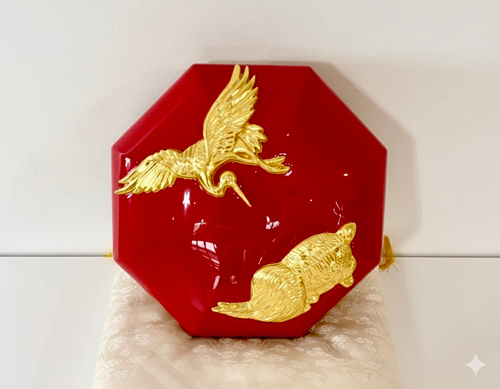 Sato Mokko: Tsuru-Kame Tamatebako Treasure Box in Red Lacquer