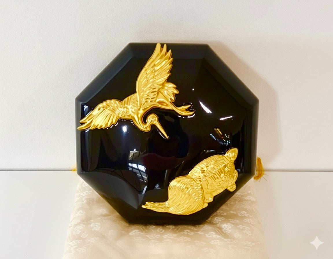 Sato Mokko: Tsuru-Kame Tamatebako Treasure Box in Black Lacquer