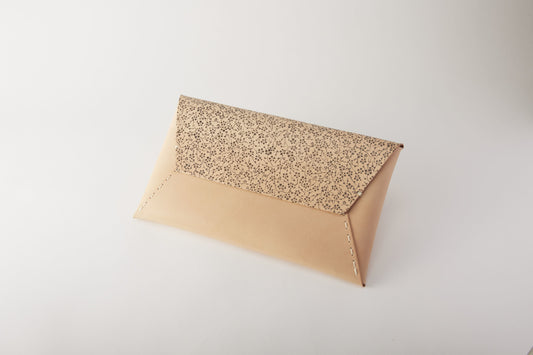 Tomita Sen Kogei: Leather Clutch Bag (Camel / Plum Blossoms on Branches)