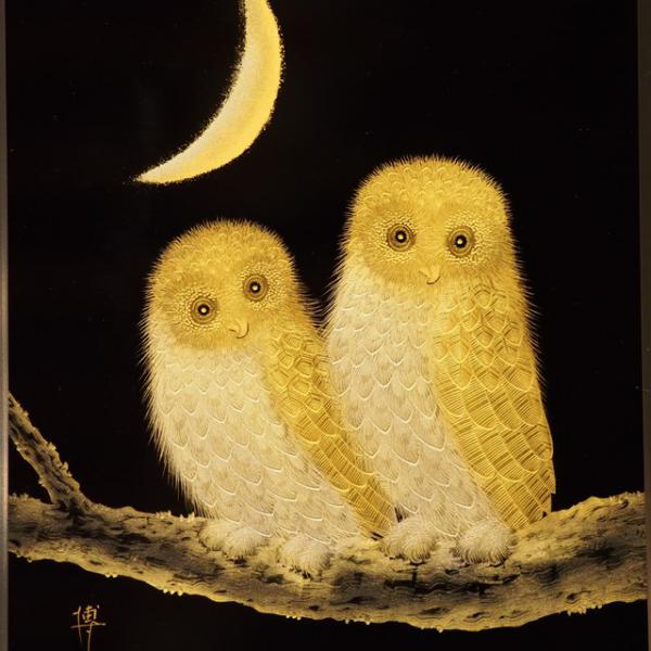 Shioyasu Shikki: Wajima Lacquerware No. 3 Panel “Owl” – Chinkin (Gold Inlay)
