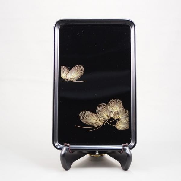 Shioyasu Shikki: Wajima Lacquerware Stamp Tray Jet-Black Roiro Finish with “Wind-Swayed Pine” Chinkin Design
