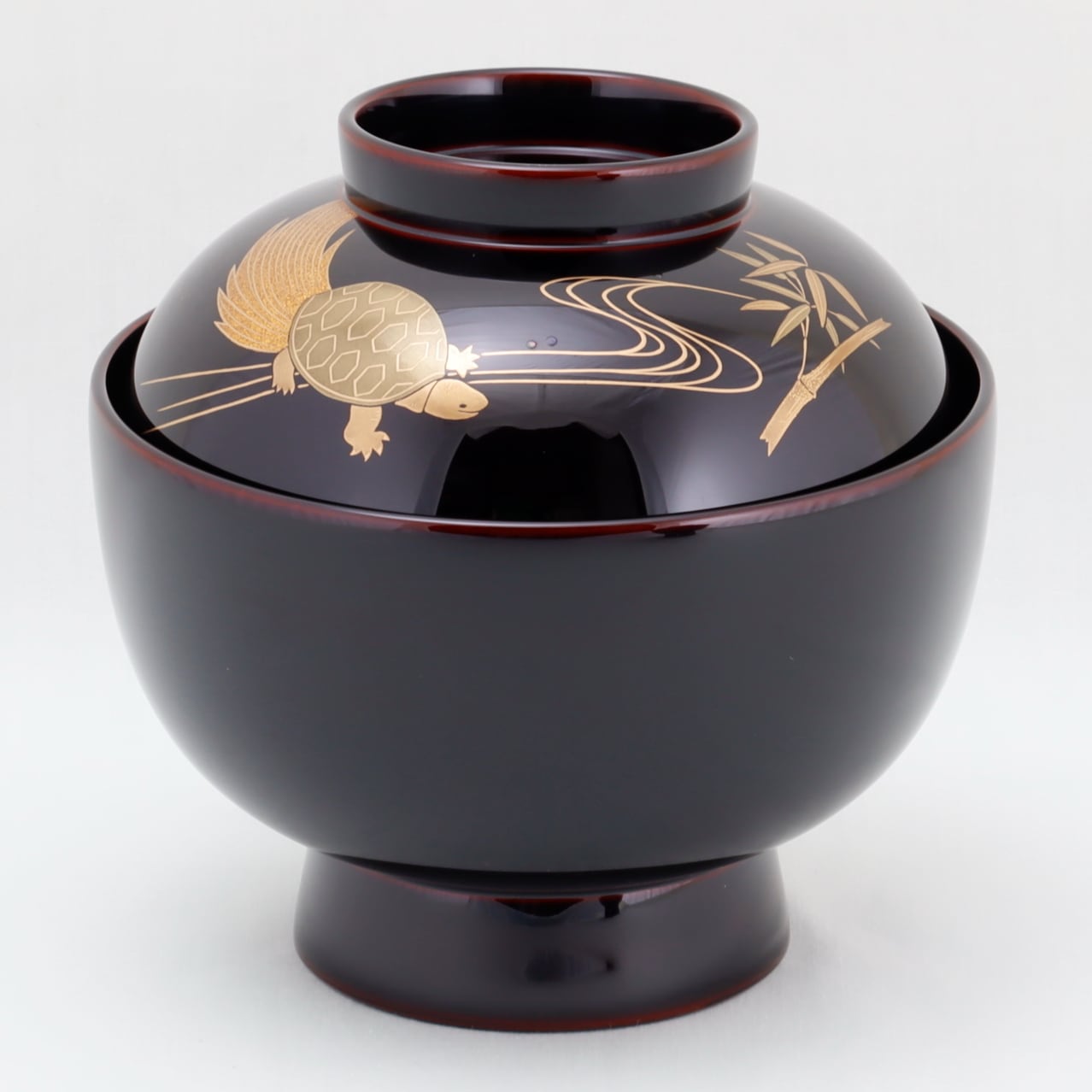 Kato Lacquerware: Wajima Lacquerware Couple's Zoni Bowl Set "Crane and Tortoise" with Pine, Bamboo and Plum Maki-e