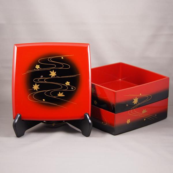 Shioyasu Shikki: Wajima Lacquerware Two-Tiered Jubako Bokashi (Gradation) Lacquer with “Flowing Water and the Four Seasons” Maki-e Design