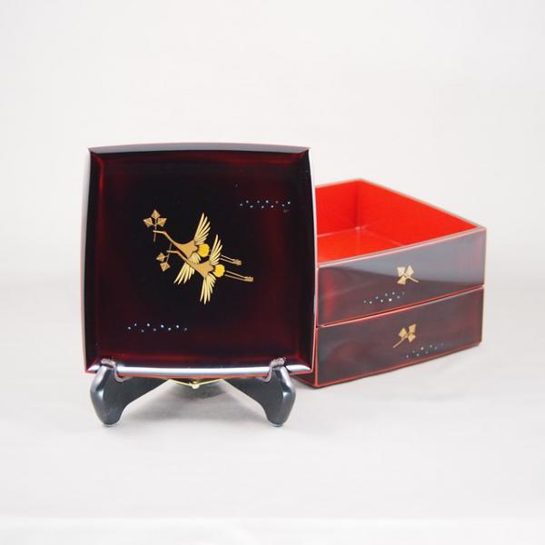 Shioyasu Shikki: Wajima Lacquerware Two-Tiered Jubako Tame-Roiro Finish with “Matsukui-zuru” (Crane with Pine Twig) Maki-e Design