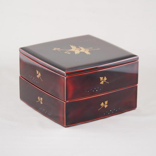 Shioyasu Shikki: Wajima Lacquerware Two-Tiered Jubako Tame-Roiro Finish with “Matsukui-zuru” (Crane with Pine Twig) Maki-e Design