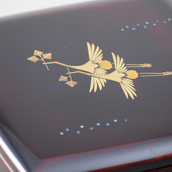 Shioyasu Shikki: Wajima Lacquerware Two-Tiered Jubako Tame-Roiro Finish with “Matsukui-zuru” (Crane with Pine Twig) Maki-e Design