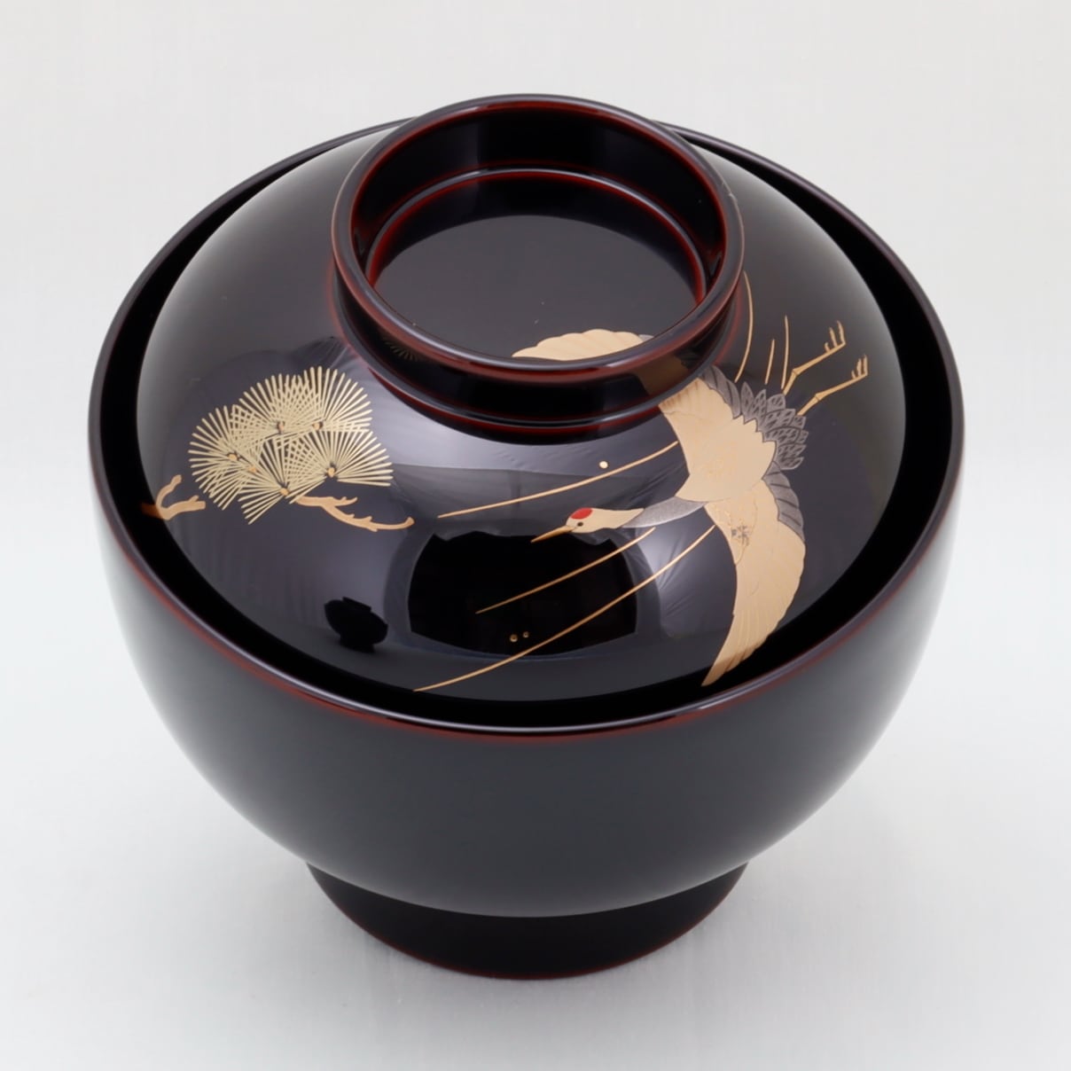 Kato Lacquerware: Wajima Lacquerware Couple's Zoni Bowl Set "Crane and Tortoise" with Pine, Bamboo and Plum Maki-e