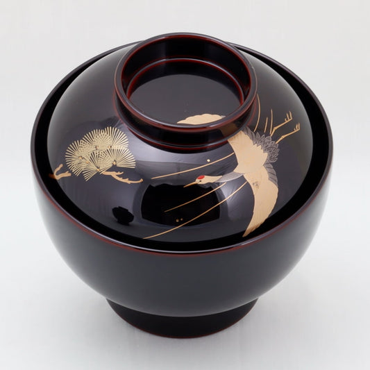 Kato Lacquerware: Wajima Lacquerware Couple's Zoni Bowl Set "Crane and Tortoise" with Pine, Bamboo and Plum Maki-e