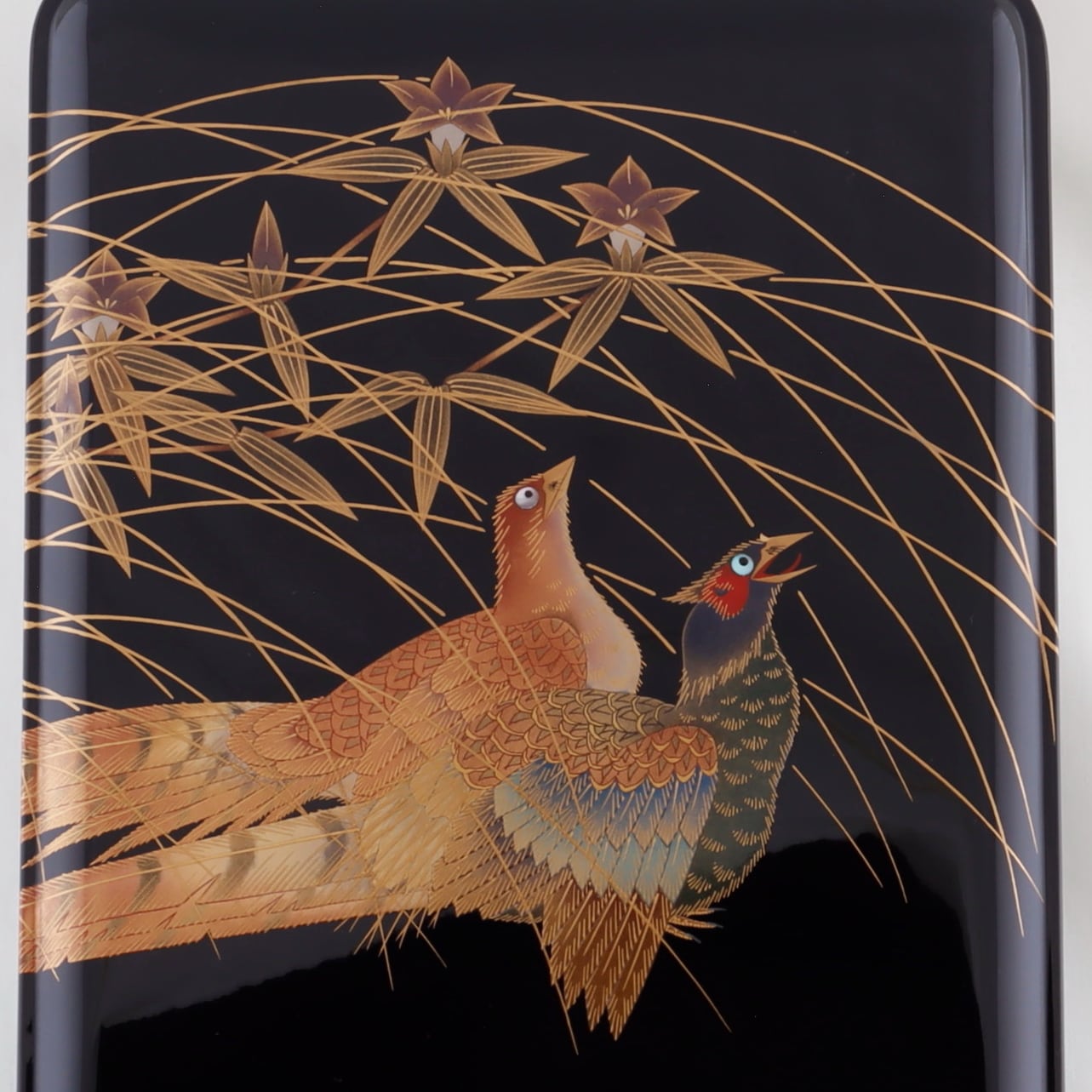 Kato Lacquerware: Wajima Lacquerware Letter Box with Lid — Black Lacquer with Pheasant Maki-e