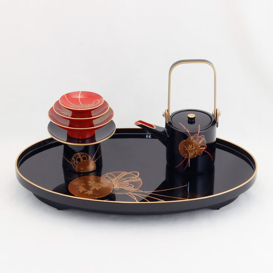 Kato Lacquerware: Wajima Lacquerware Toso Set – Small Footed Form with Tsuzumi Drum Maki-e
