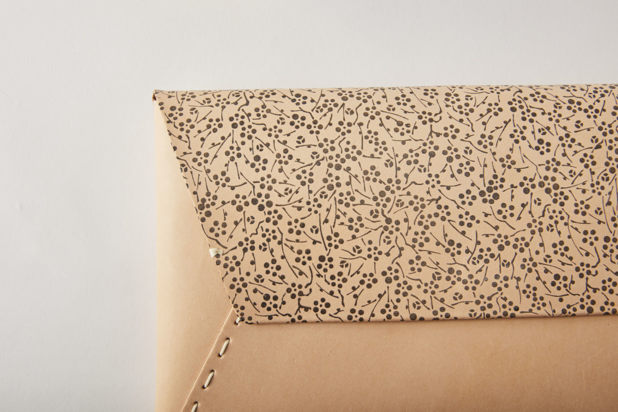 Tomita Sen Kogei: Leather Clutch Bag (Camel / Plum Blossoms on Branches)