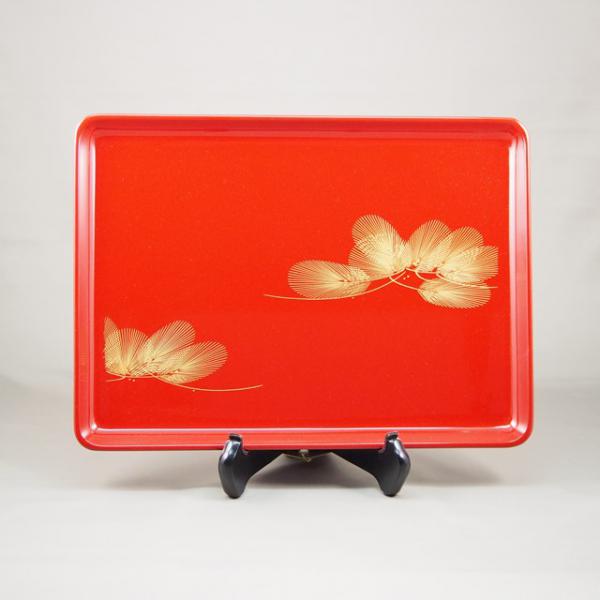 Shioyasu Shikki: Wajima Lacquerware Rectangular Tray, Vermilion Roiro with “Wind-Swayed Pine” Chinkin Design