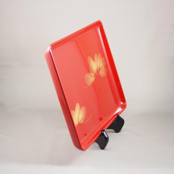 Shioyasu Shikki: Wajima Lacquerware Rectangular Tray, Vermilion Roiro with “Wind-Swayed Pine” Chinkin Design