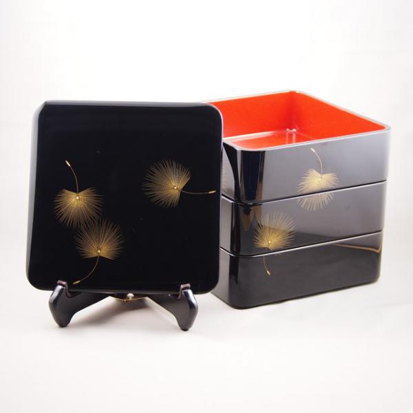 Shioyasu Shikki: Wajima Lacquerware Three-Tiered Jubako, Jet-Black Roiro Finish with “Flying Blossoms” Chinkin Design