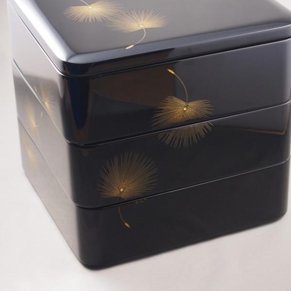 Shioyasu Shikki: Wajima Lacquerware Three-Tiered Jubako, Jet-Black Roiro Finish with “Flying Blossoms” Chinkin Design