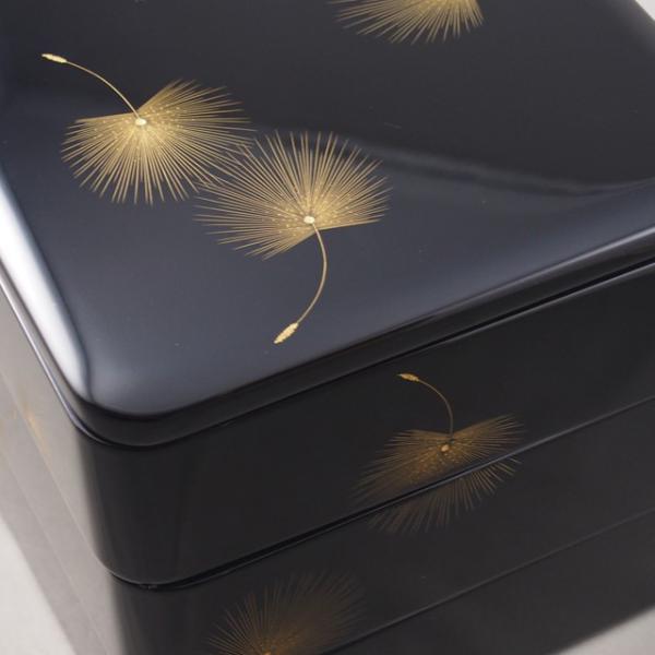 Shioyasu Shikki: Wajima Lacquerware Three-Tiered Jubako, Jet-Black Roiro Finish with “Flying Blossoms” Chinkin Design
