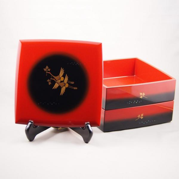 Shioyasu Shikki: Wajima Lacquerware Two-Tiered Jubako, Bokashi (Gradation) Lacquer with “Matsukui-zuru” (Crane with Pine Twig) Maki-e Design