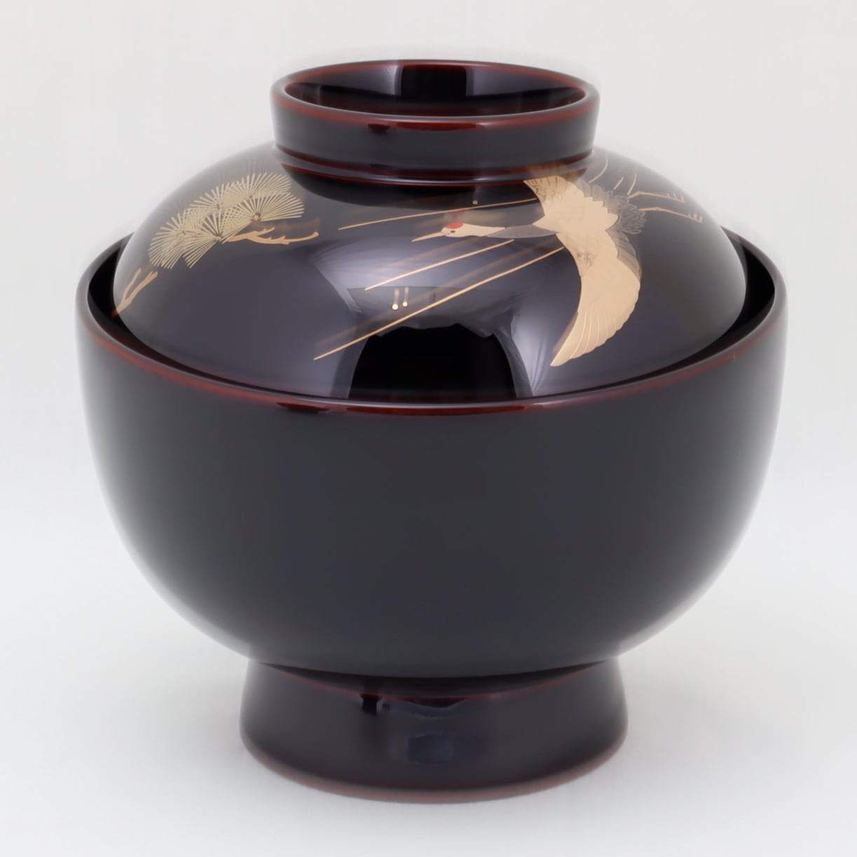 Kato Lacquerware: Wajima Lacquerware Couple's Zoni Bowl Set "Crane and Tortoise" with Pine, Bamboo and Plum Maki-e