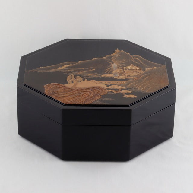 Kato Lacquerware: Wajima Lacquerware Octagonal Hitsu Chest with Landscape Maki-e