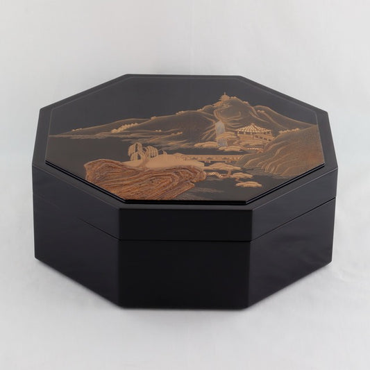 Kato Lacquerware: Wajima Lacquerware Octagonal Hitsu Chest with Landscape Maki-e
