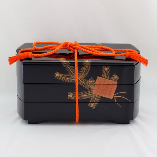 Kato Lacquerware: Wajima Lacquerware Musubi Jubako Tiered Box — Black Exterior and Vermilion Interior Lacquer Finish