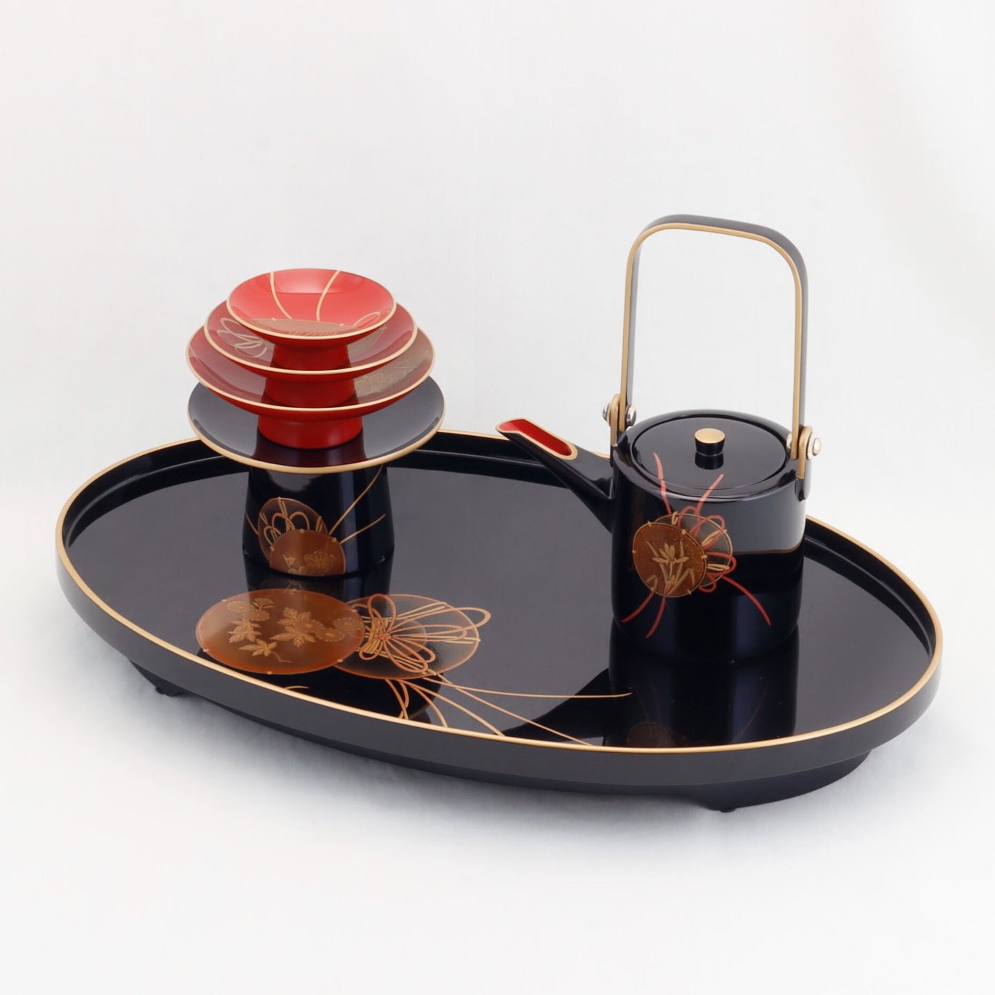 Kato Lacquerware: Wajima Lacquerware Toso Set – Small Footed Form with Tsuzumi Drum Maki-e