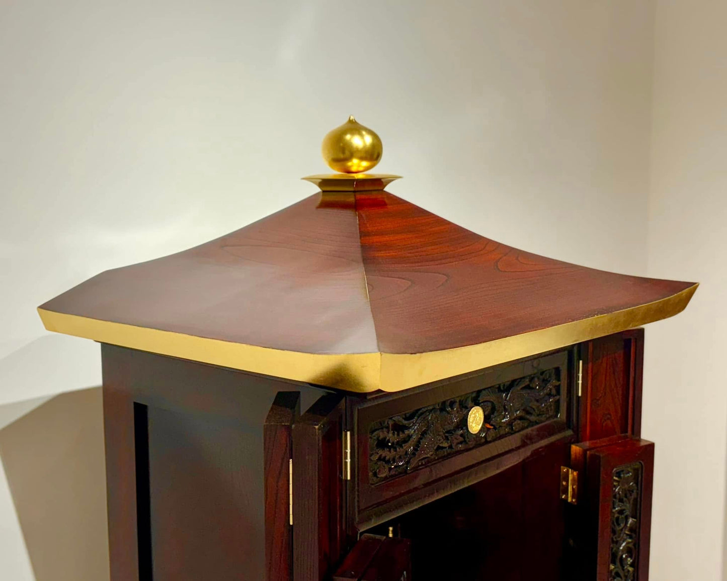 Sato Mokko: Solid Keyaki Zelkova Buddhist Shrine Cabinet with Phoenix Carvings