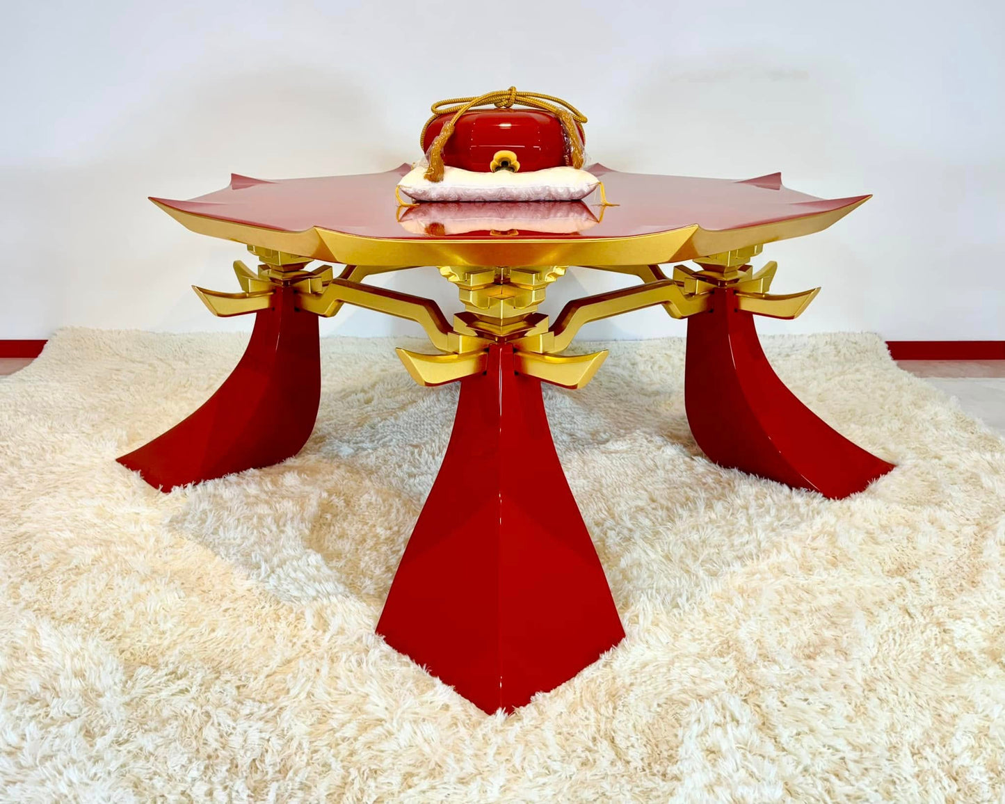 Sato Mokko: Vermilion Lacquer Tamatebako Octagon Sofa Table