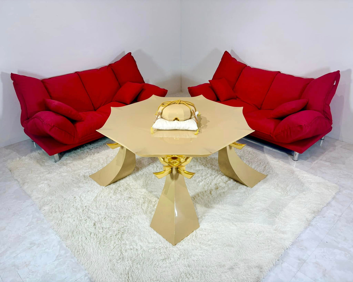 Sato Mokko: Beige Lacquer Tamatebako Octagon Sofa Table