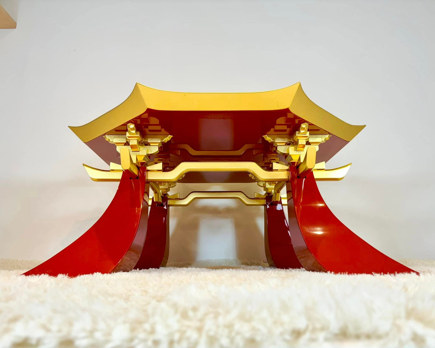 Sato Mokko: Vermilion Lacquer Tamatebako Octagon Sofa Table