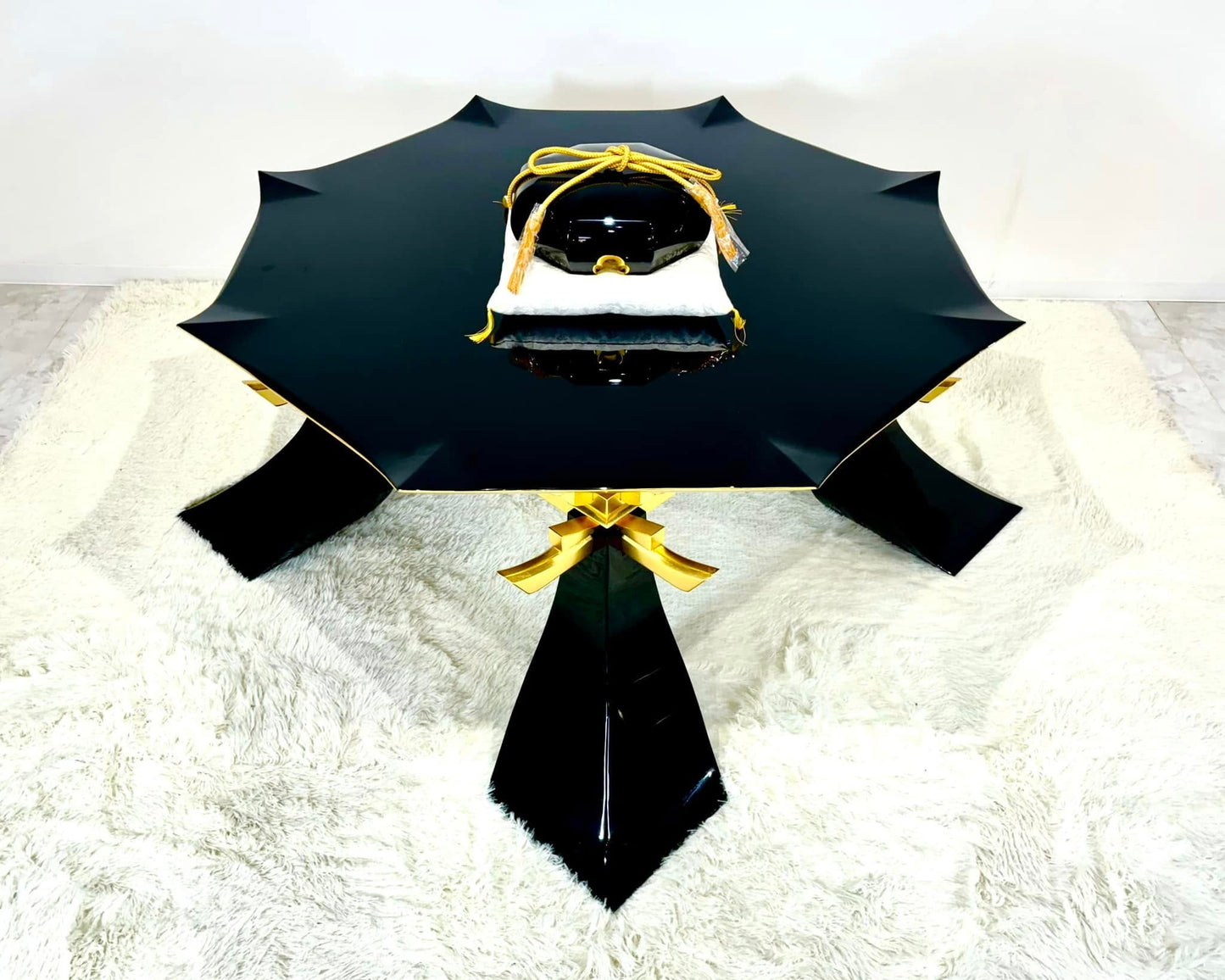 Sato Mokko: Black Lacquer Tamatebako Octagon Sofa Table