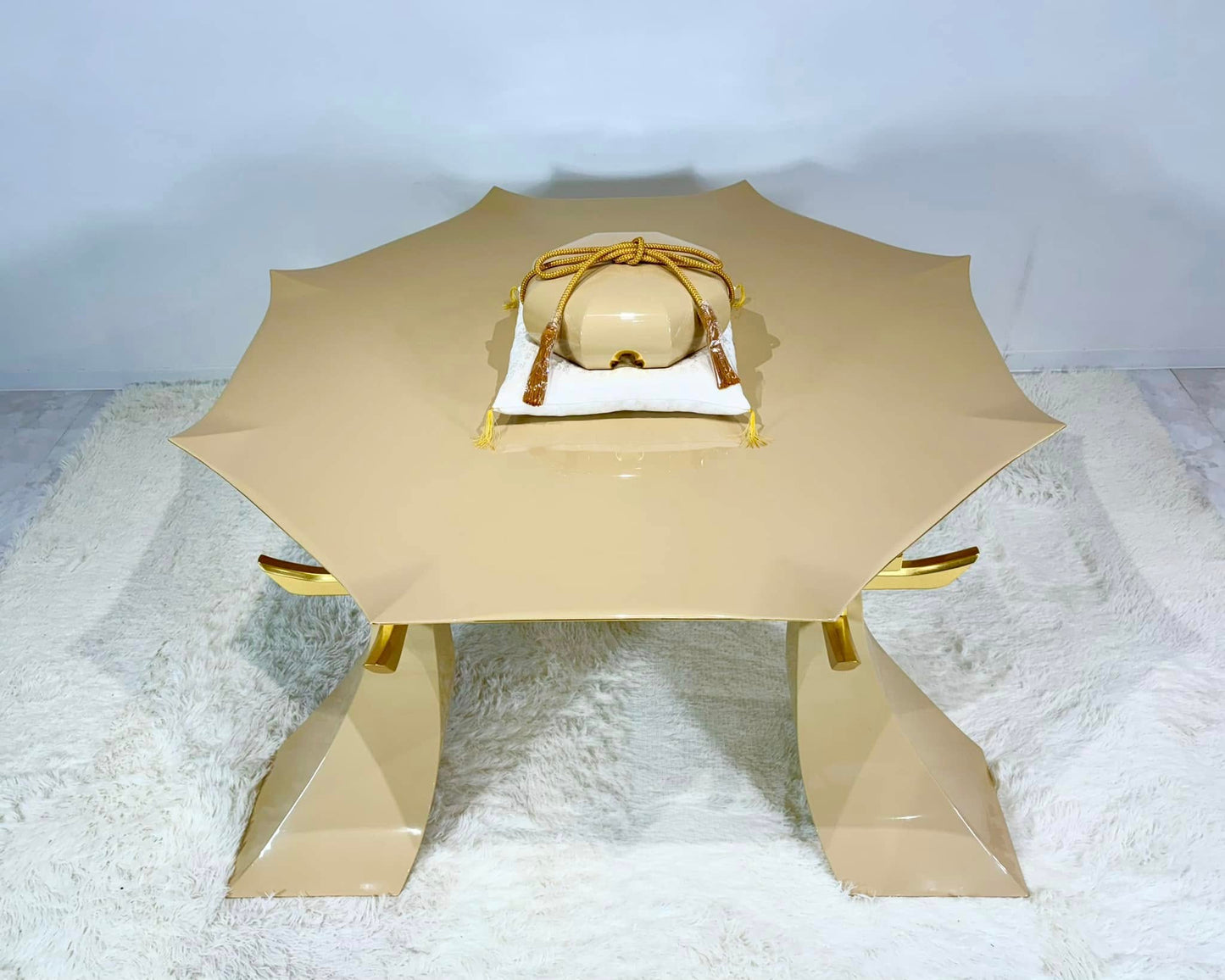 Sato Mokko: Beige Lacquer Tamatebako Octagon Sofa Table