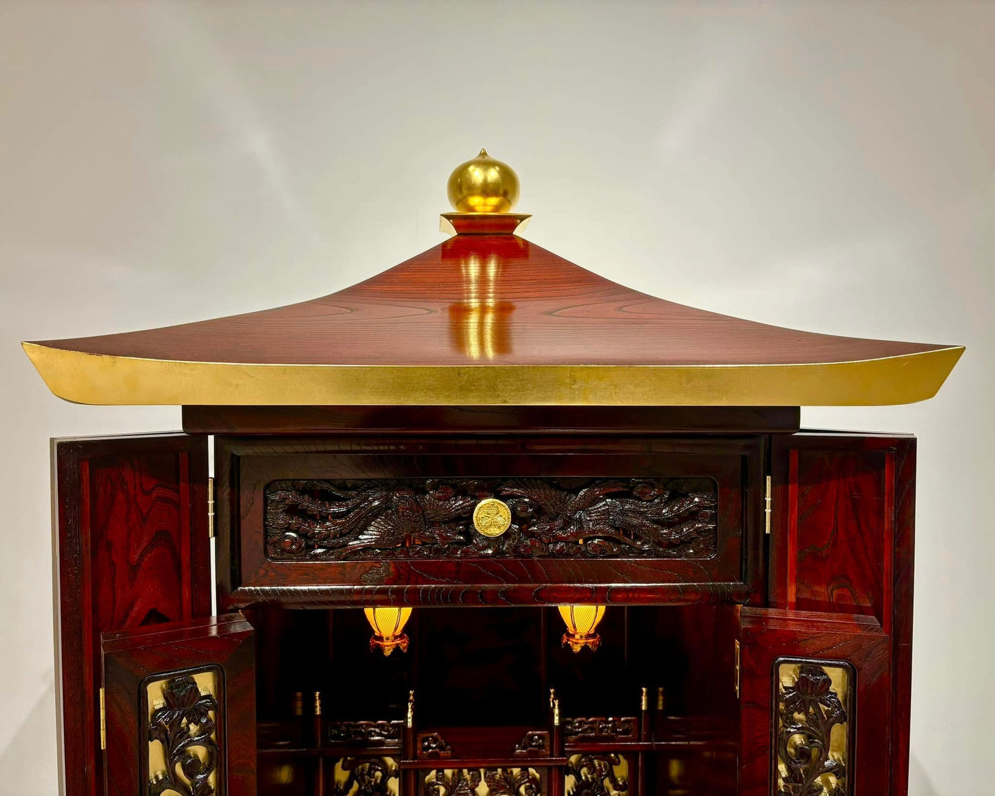 Sato Mokko: Solid Keyaki Zelkova Buddhist Shrine Cabinet with Phoenix Carvings