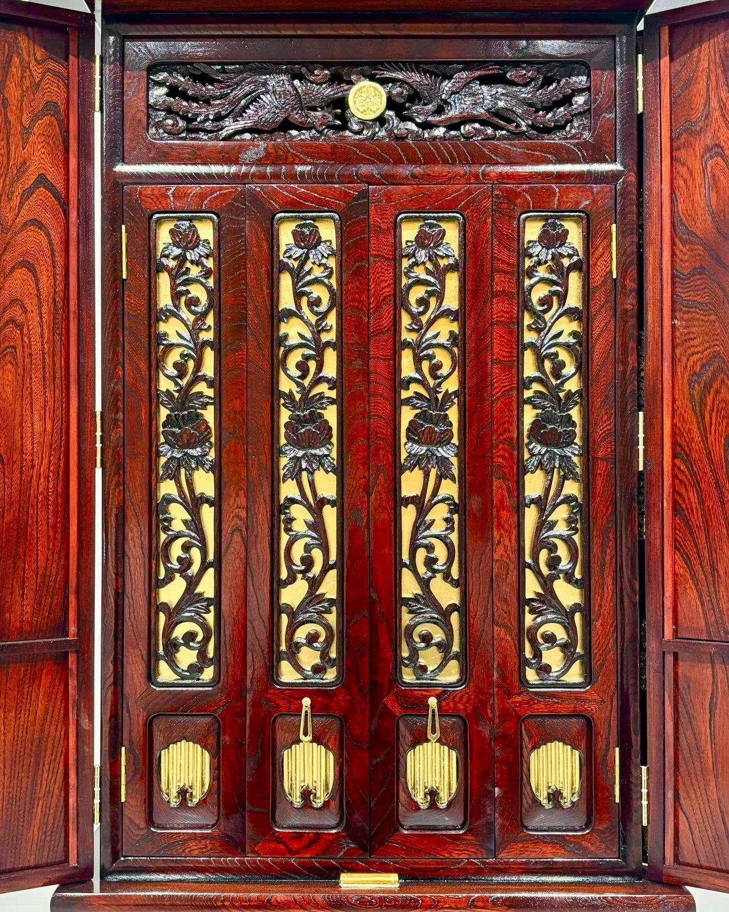Sato Mokko: Solid Keyaki Zelkova Buddhist Shrine Cabinet with Phoenix Carvings