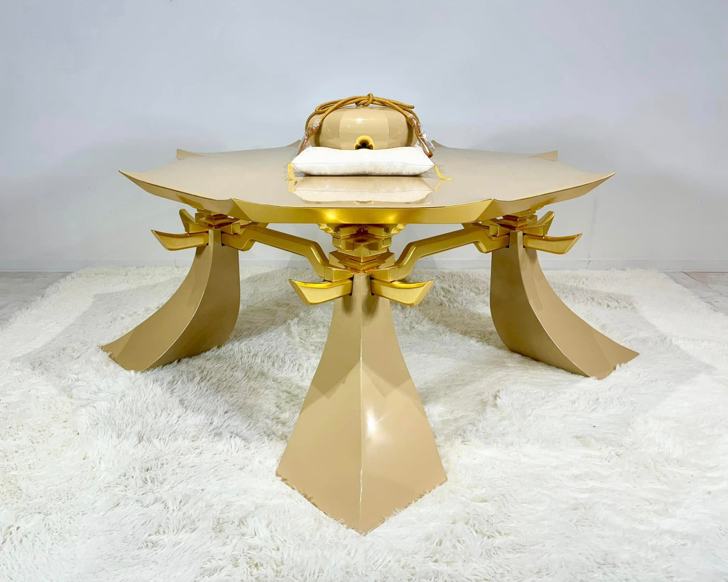 Sato Mokko: Beige Lacquer Tamatebako Octagon Sofa Table
