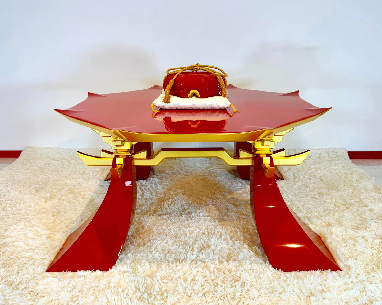 Sato Mokko: Vermilion Lacquer Tamatebako Octagon Sofa Table