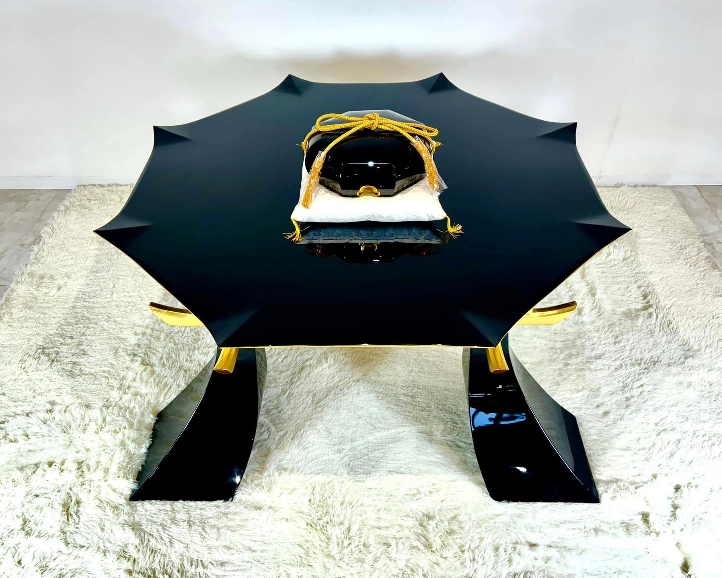 Sato Mokko: Black Lacquer Tamatebako Octagon Sofa Table