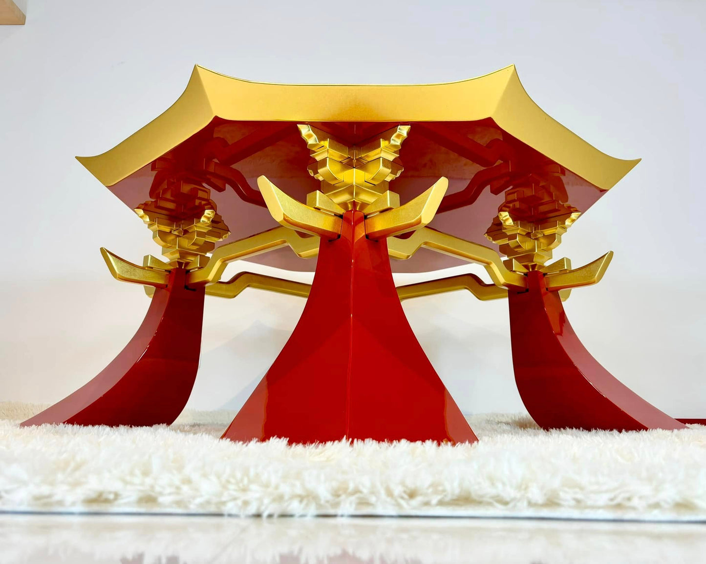 Sato Mokko: Vermilion Lacquer Tamatebako Octagon Sofa Table