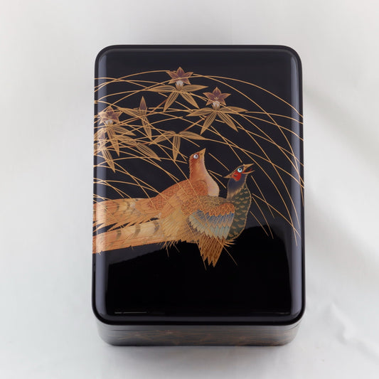 Kato Lacquerware: Wajima Lacquerware Letter Box with Lid — Black Lacquer with Pheasant Maki-e