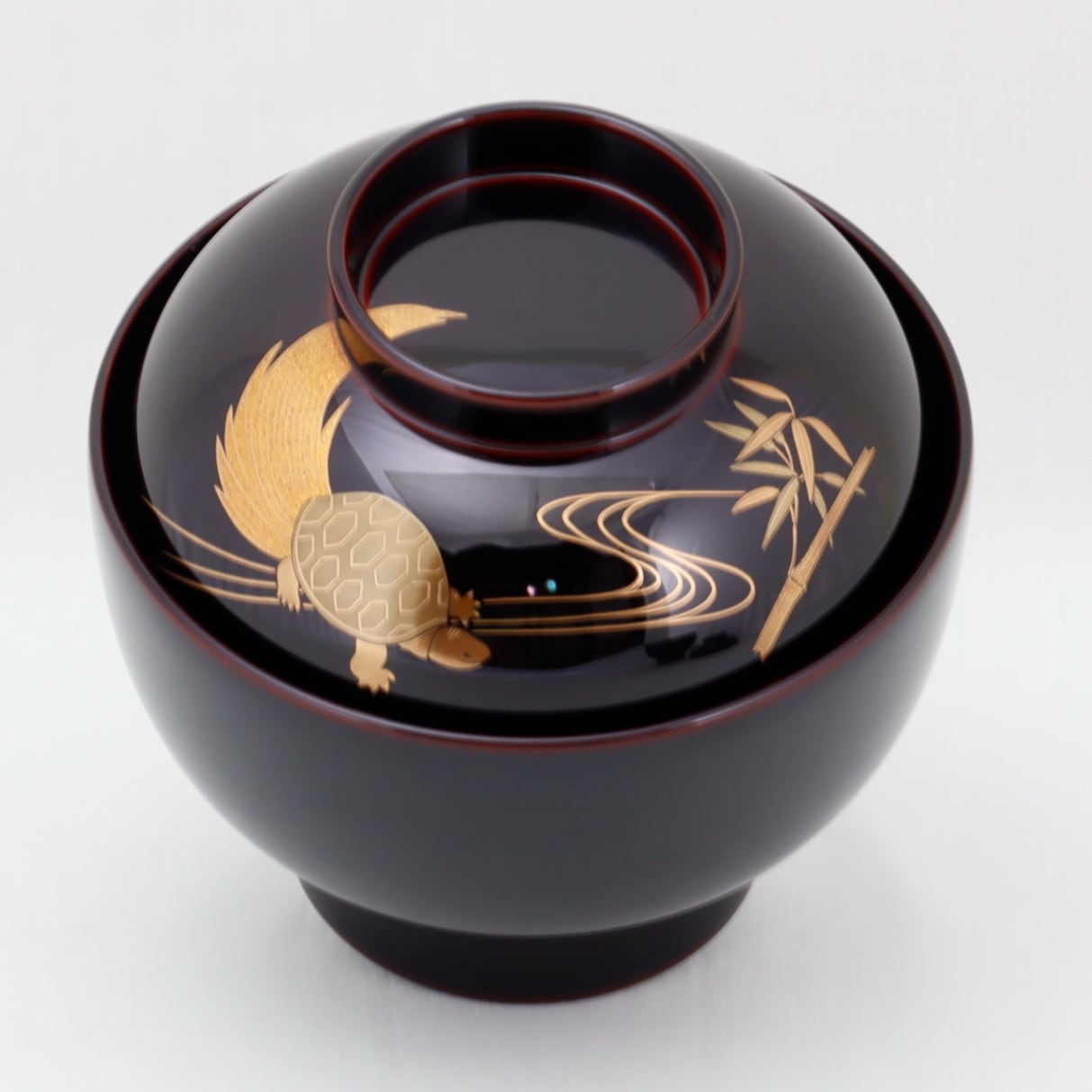 Kato Lacquerware: Wajima Lacquerware Couple's Zoni Bowl Set "Crane and Tortoise" with Pine, Bamboo and Plum Maki-e
