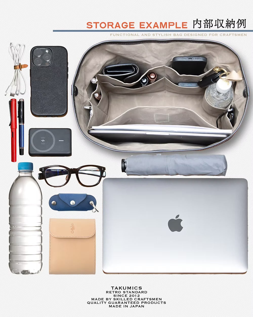 Takumics: Smith Bag Horizontal Navy (Medium) w/Camel Leather Handle