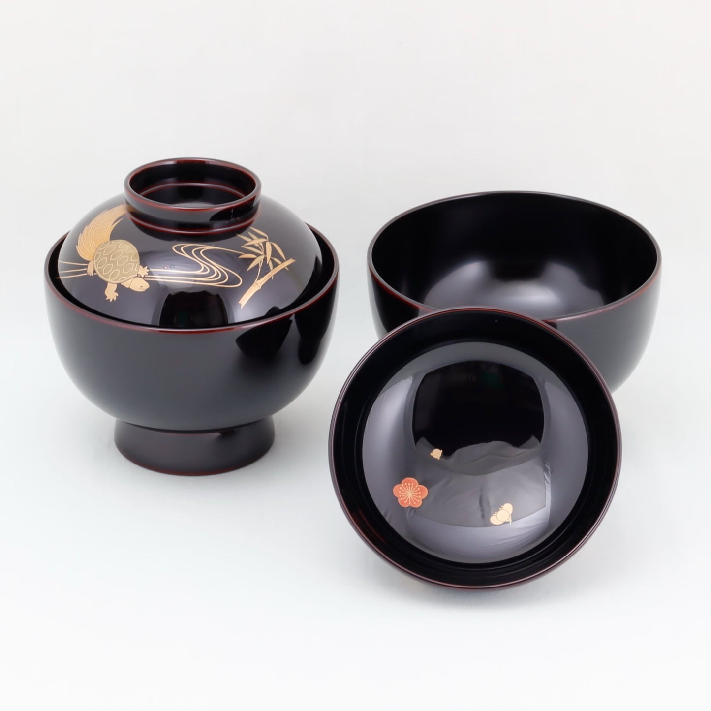 Kato Lacquerware: Wajima Lacquerware Couple's Zoni Bowl Set "Crane and Tortoise" with Pine, Bamboo and Plum Maki-e
