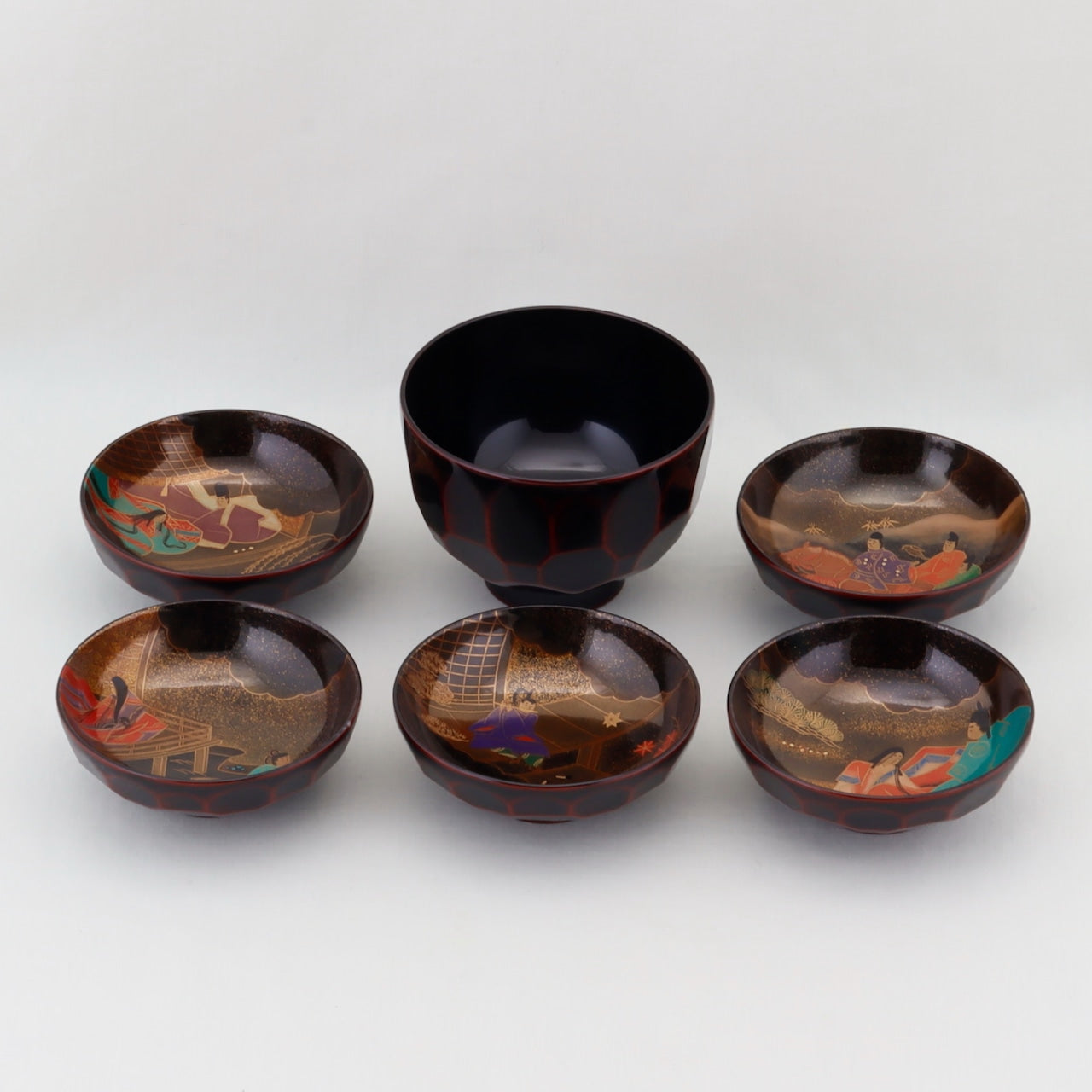 Kato Lacquerware: Wajima Lacquerware Kikko Soup Bowl Set — Tale of Genji Maki-e