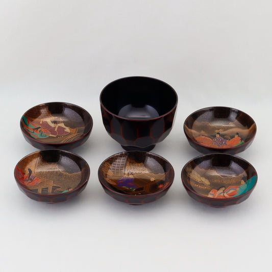 Kato Lacquerware: Wajima Lacquerware Kikko Soup Bowl Set — Tale of Genji Maki-e