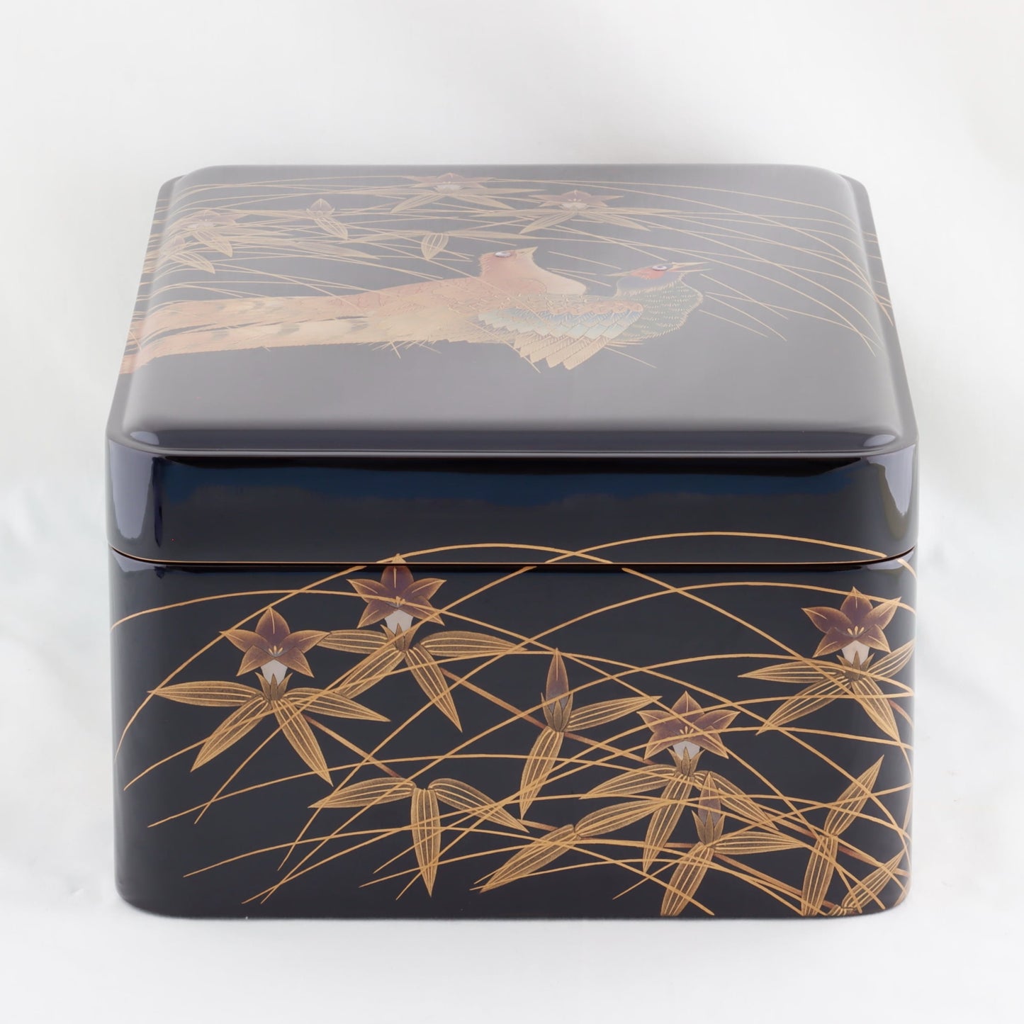 Kato Lacquerware: Wajima Lacquerware Letter Box with Lid — Black Lacquer with Pheasant Maki-e